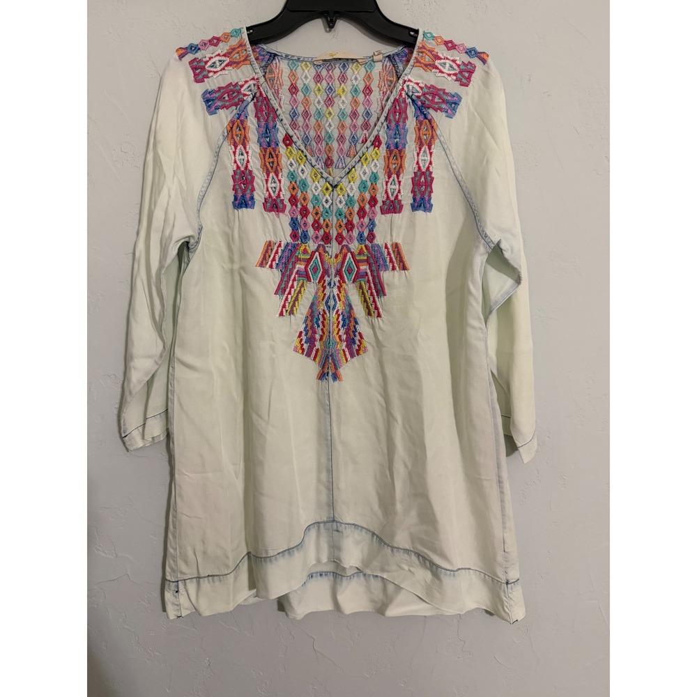 Soft Surroundings Embroidered‎ Tencel Tunic Top Light Wash Blue Boho Womens M